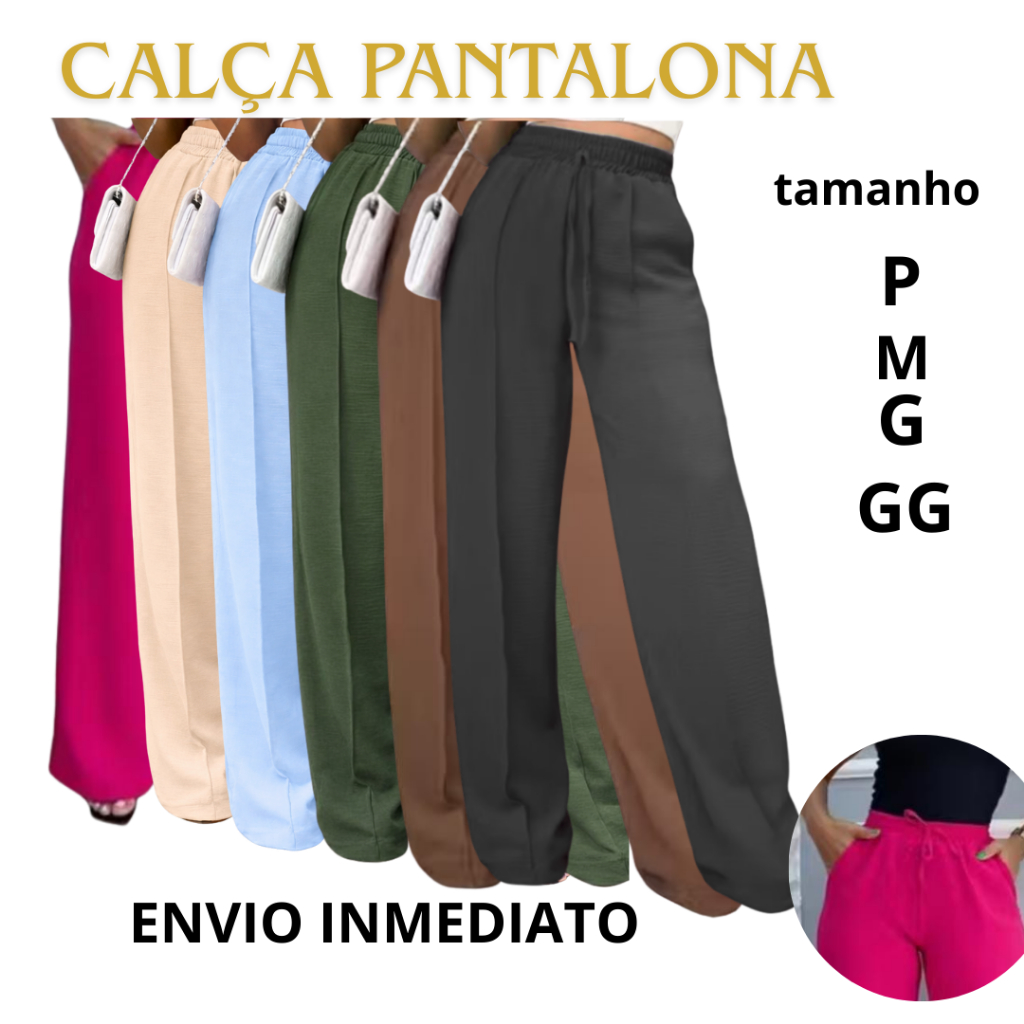 Calça pantalona Feminina Tecido Duna com elástico na cintura calça flare folgadinha