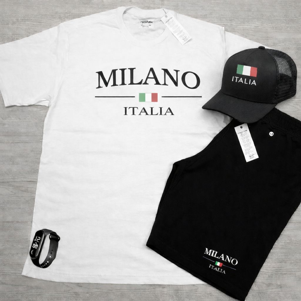 Kit Milano Italia Camisa 100% Algodão + Bermuda Tectel + Boné + Relógio Digital Plus Size P ao G3