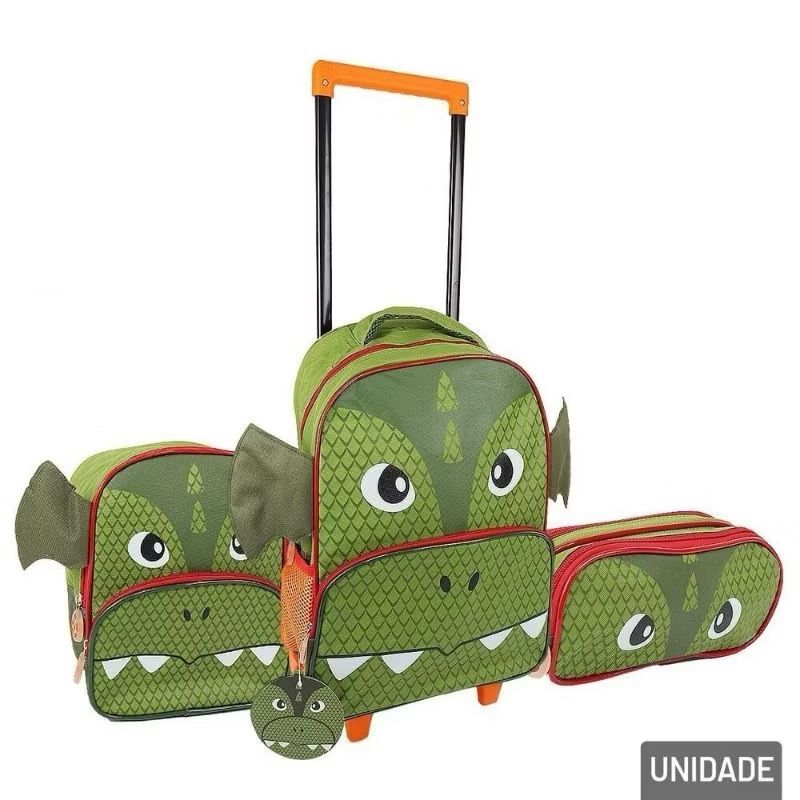 Kit Mochila Escolar Infantil Dragão 3 Peças com Rodinhas / Mochila + Lancheira + Estojo