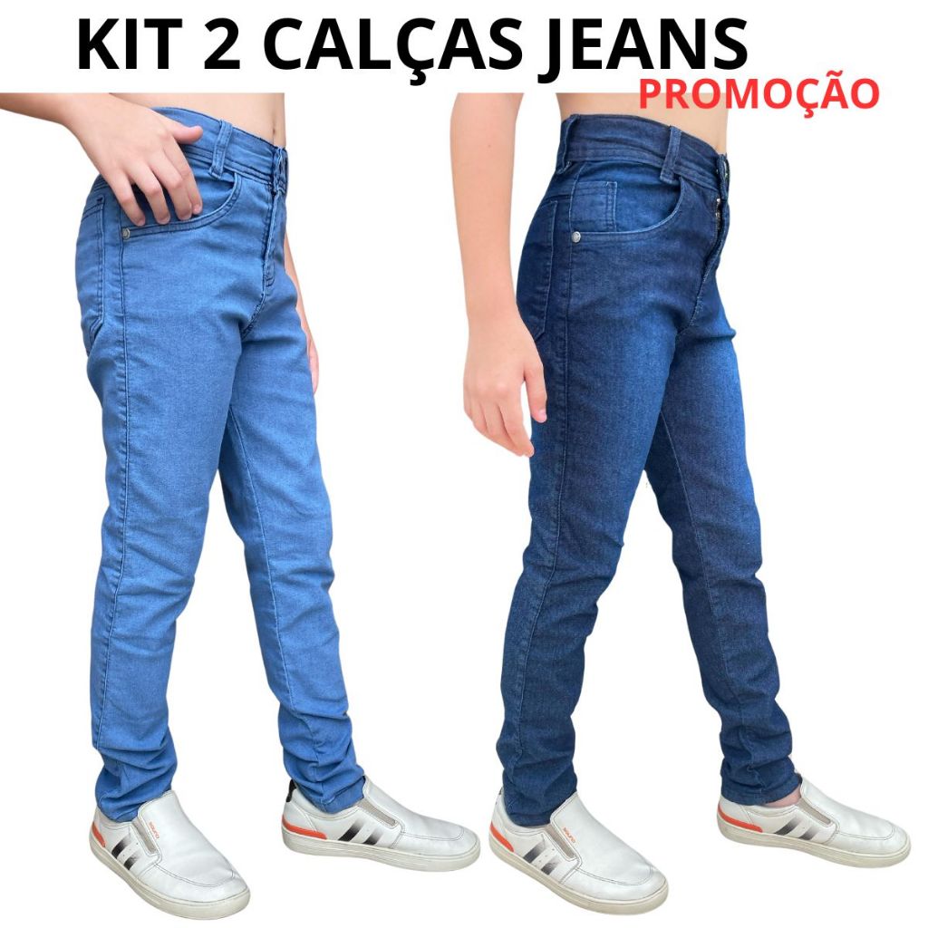 KIT 2 Calças Jeans Infantil Masculina Slim Fit Azul Claro e Azul Escuro do 8 ao 16 Anos
