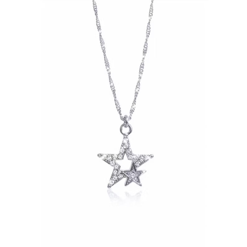 Colar Estrela Dupla com Zircônias Brilhantes Prata Feminino Delicado Elegante