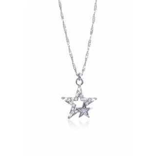 Colar Estrela Dupla com Zircônias Brilhantes Prata Feminino Delicado Elegante