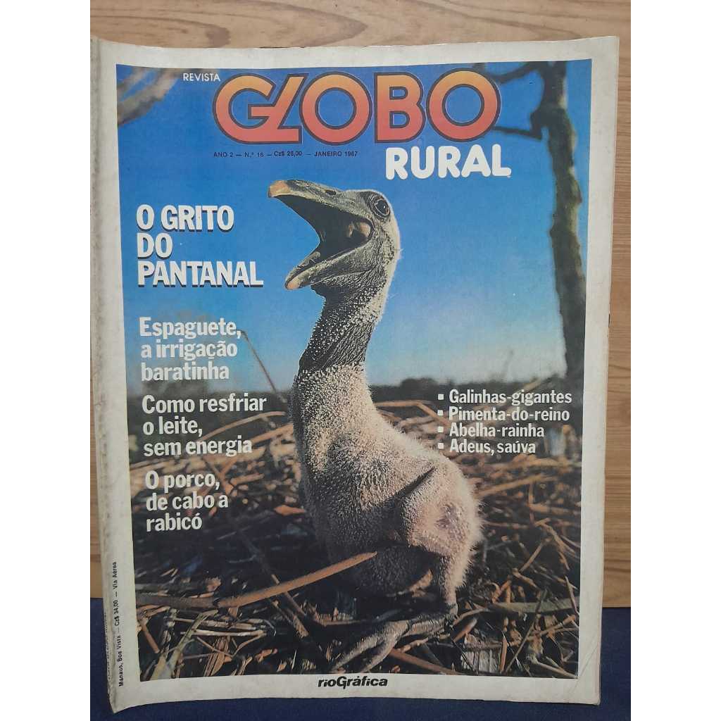 REVISTA GLOBO RURAL – JANEIRO 1987 – ANO 2 Nº 16 CAPA COM FOTO DE AVE NO PANTANAL – DESTAQUE PARA “O GRITO DO PANTANAL”