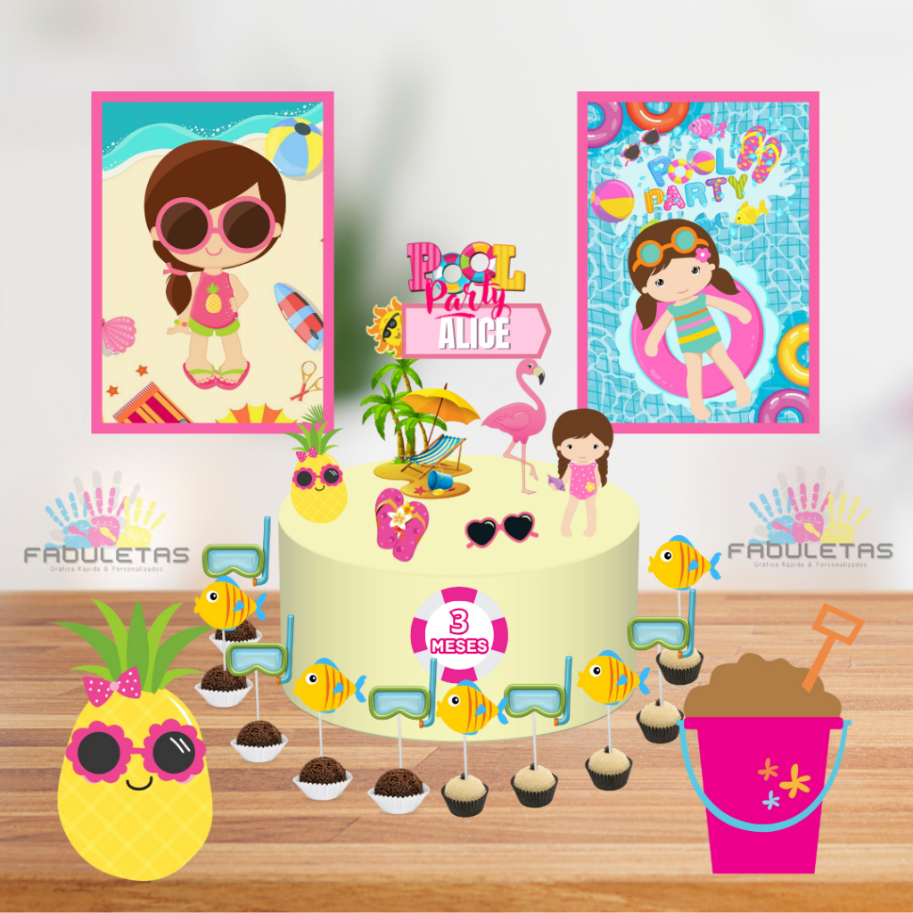 Kit Festa Só Um Bolinho POOL PARTY MENINA PRAIA PISCINA Enviar Nome/Idade IMEDIATAMENTE em Oferta na Shopee