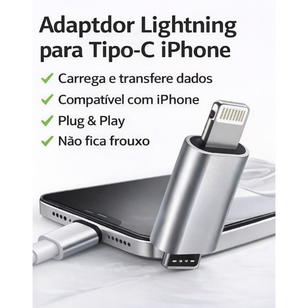 Adaptador USB-C para Lightning iPhone 20W PD Carregamento Rápido Compatível iPhone 11 ao 14