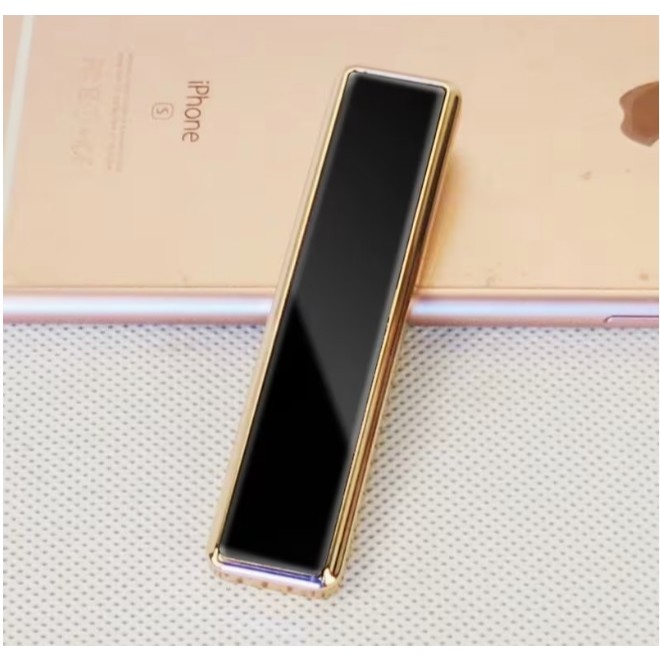 Isqueiro Fino Elétrico Recarregável USB Premium Luxo Original Preto e Dourado Presente Slim