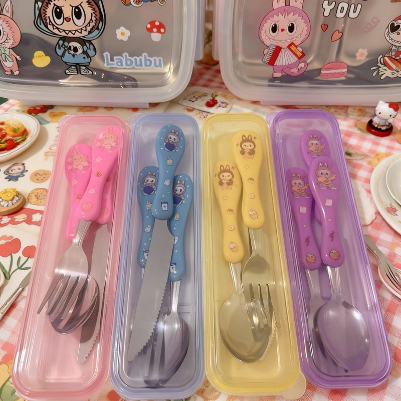 Conjunto Talher Com Garfo Faca Colher De Inox Cabo Plástico 3 Peças No Estojo em Oferta na Shopee