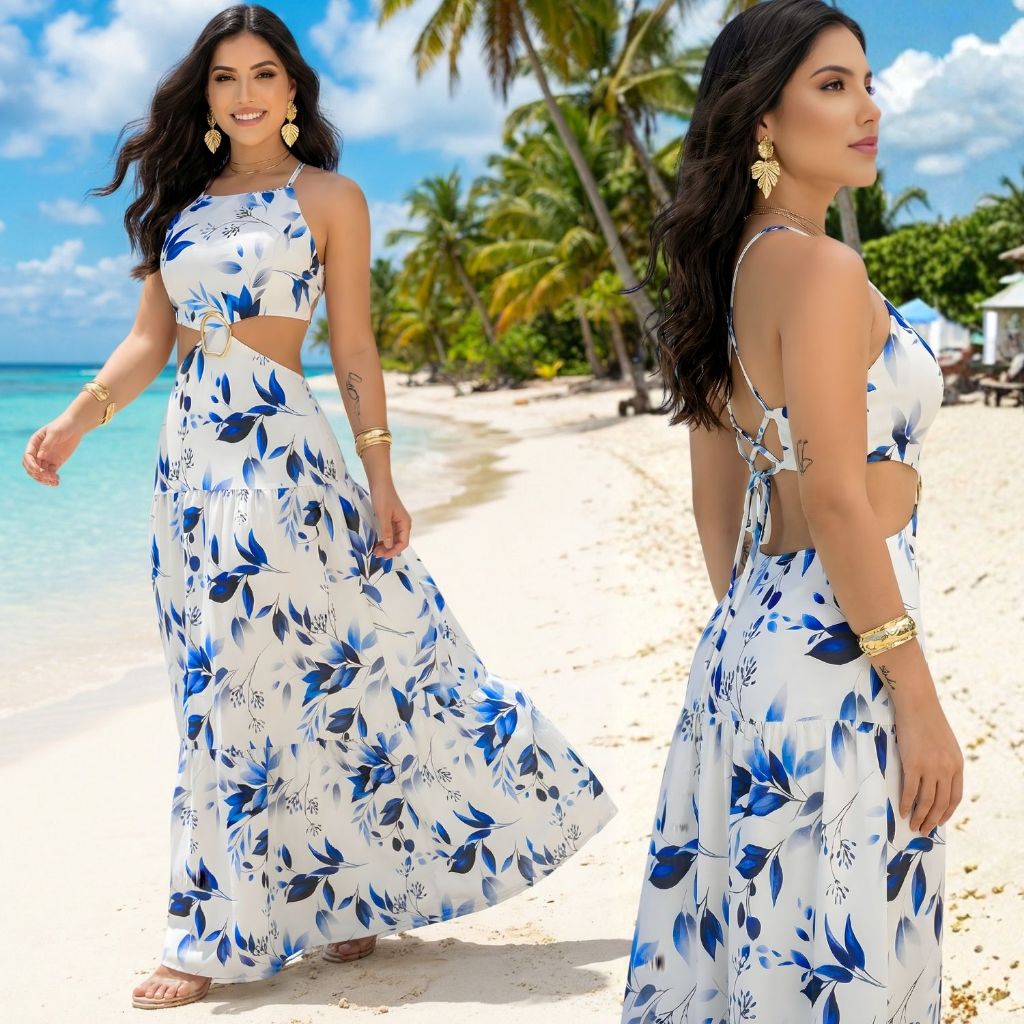 Vestido Longo Feminino Estampado Floral Verão Alcinhas Finas Rodado Tecido Cedinha ELEGANTE em Oferta na Shopee