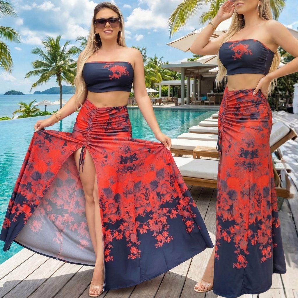 Conjunto Feminino Verão com Saia Fenda Feminina e Cropped estampada Floral VERÃO em Oferta na Shopee