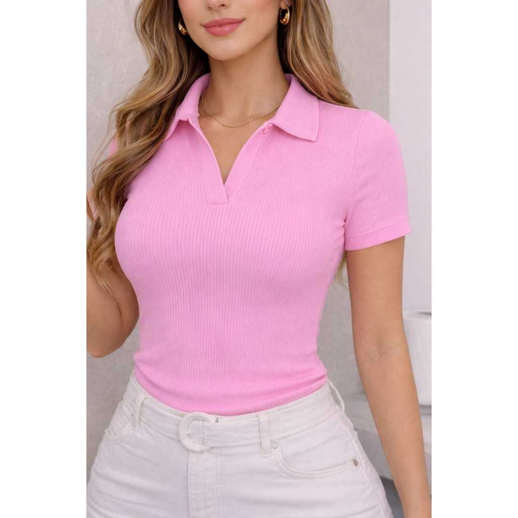 Blusa Polo Canelada Gola V - A Queridinha do Estilo Old Money em Oferta na Shopee