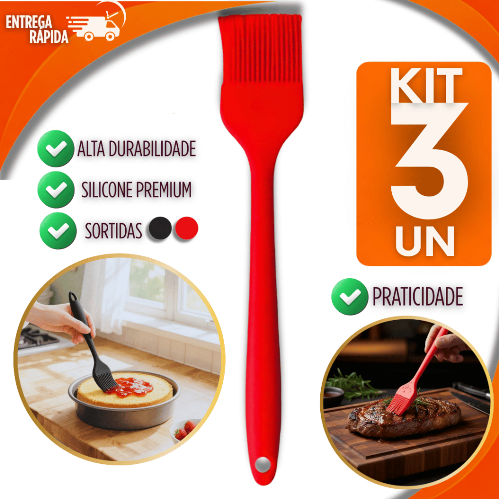Conjunto 3 Pincel de Silicone Premium Utensílio de Confeitaria Cozinha Culinária 25cm Premium Utilidades Resistente