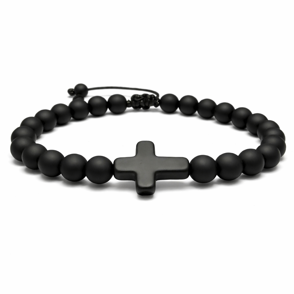 Pulseira masculina e feminina com cruz preto fosco tamanho ajustável