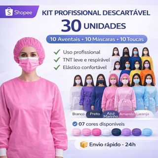 (Kit 30) 10 Touca 10 Máscara 10 Avental Manga Longa Descartáveis Profissional em Oferta na Shopee