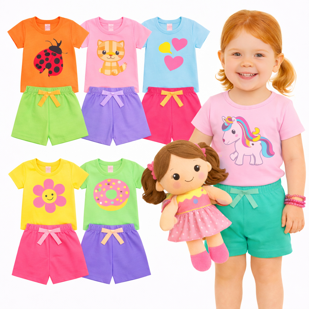 Kit Sortido 2 ou 4 Peças Roupa de VERÃO Menina Infantil Bebê Conjuntos Infantil de Verão Feminino Sortidos Manga Curta