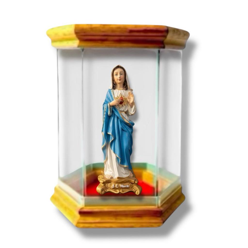 Imagem Imaculado Coração de Maria Resina 15cm com Redoma Oratório de Vidro