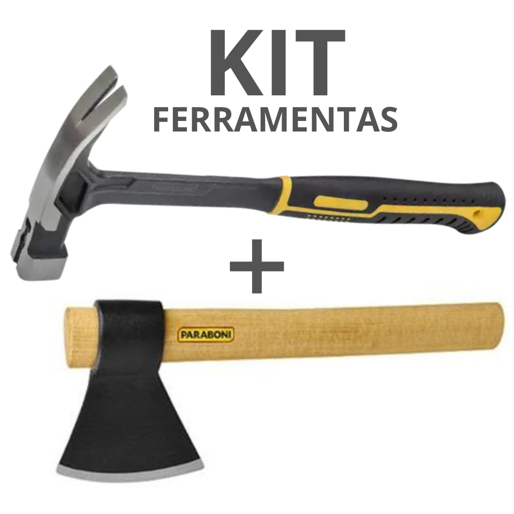 Kit Martelo de Unha Forjado com Ímã e Machadinho Doméstico Cabo de Madeira