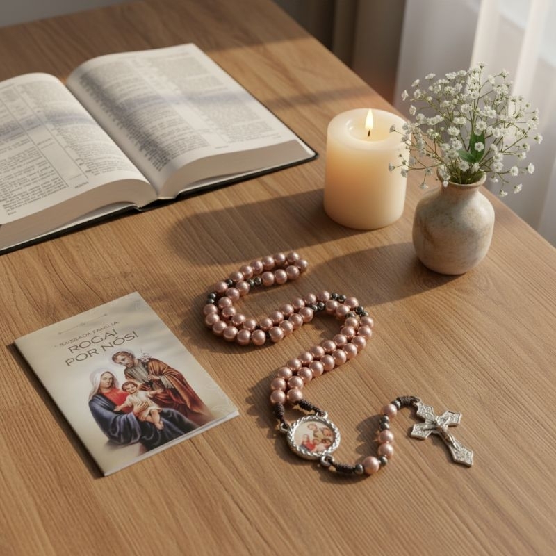 Terço com Folheto da Sagrada Família - Rose Gold
