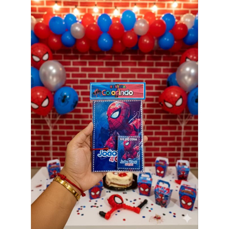 Kit Revista Colorir Festa Homem Aranha 10x15, Revista + Giz, Lembrancinhas Aniversário Personalizadas.