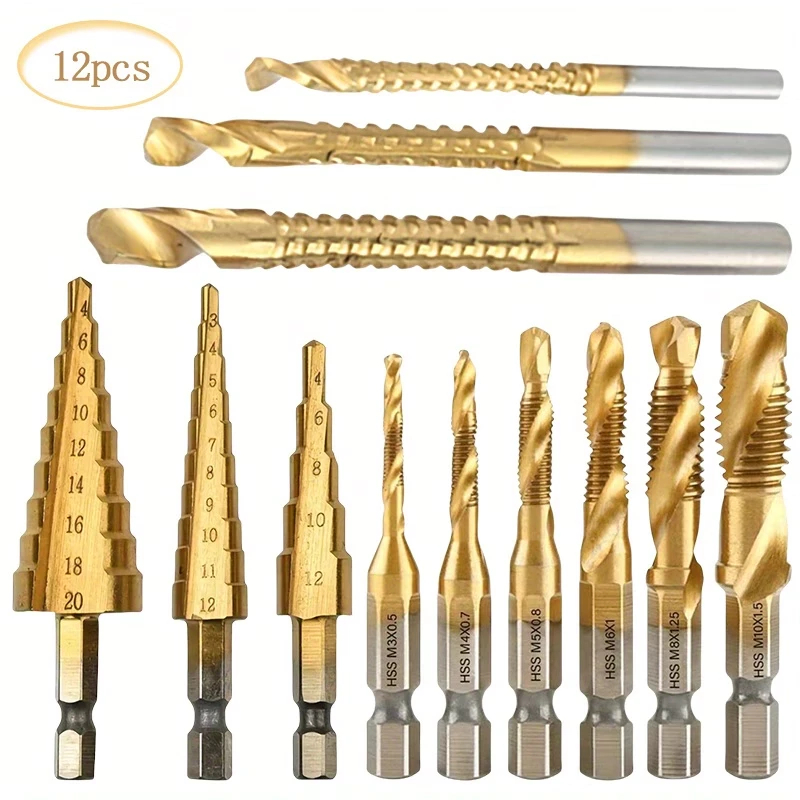 Kit 12 Brocas Titânio Escalonada Amarela Aço e Broca Corte Lateral Marcador Punção