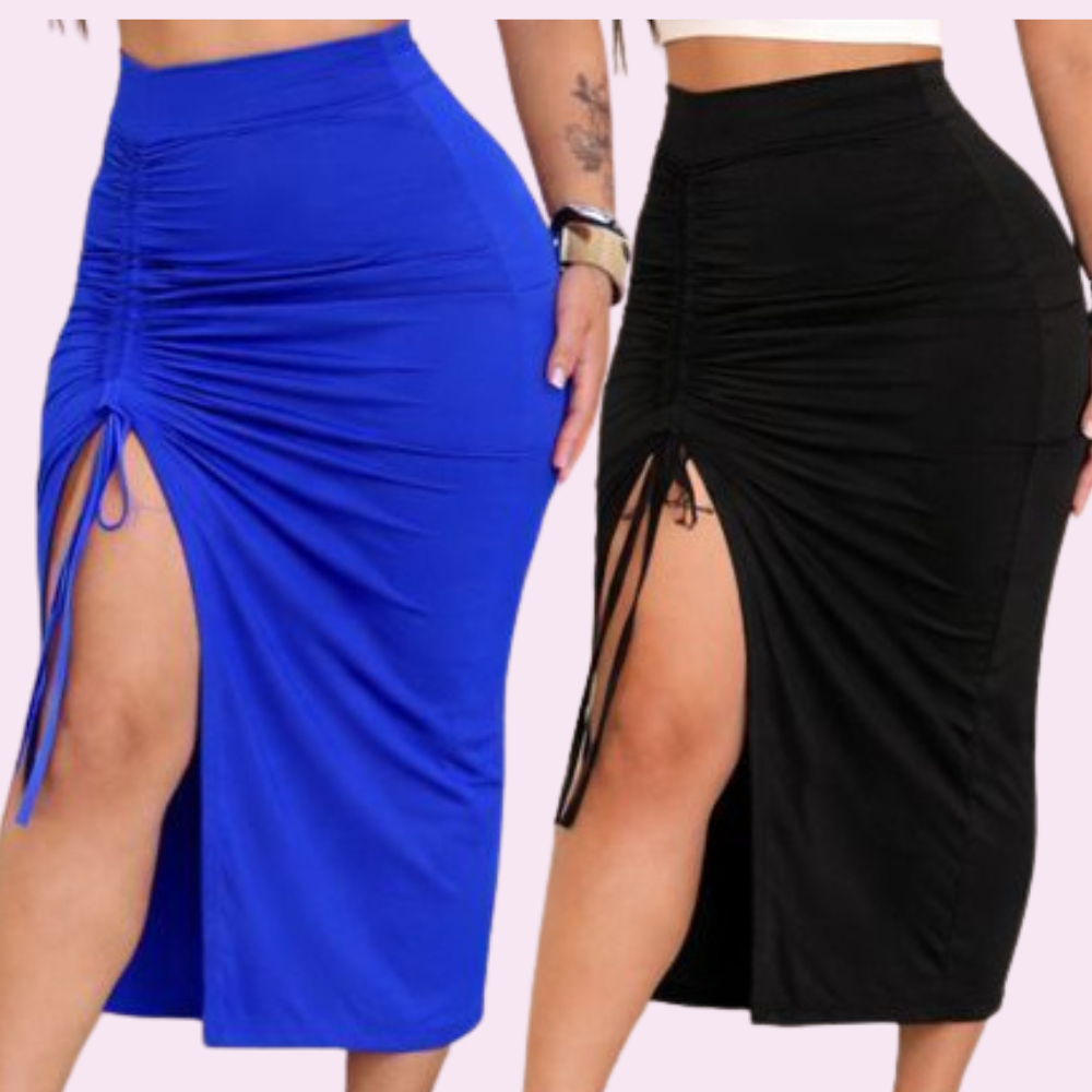 Saia Midi Feminina com abertura na lateral ajustável em Oferta na Shopee