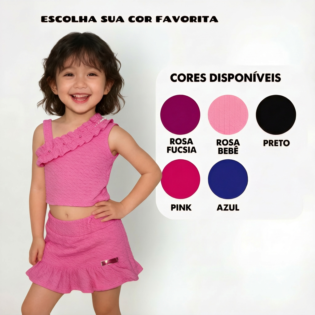 Conjunto Infantil Menina 2 Peças Blusinha  E Short Saia Lançamento Têndencia