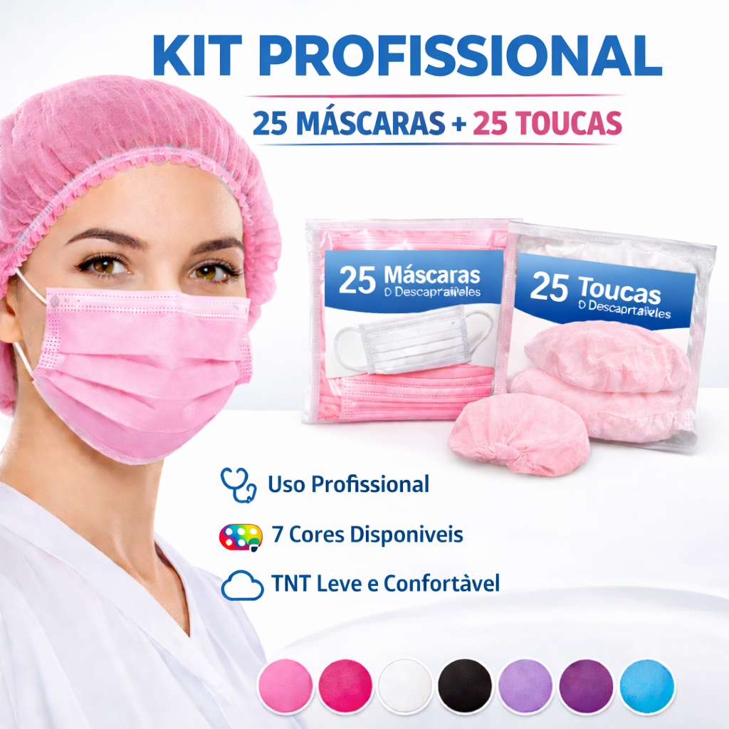 Kit PROFISSIONAL  -25 MASCARAS  +25 TOUCAS Descartáveis p/ Proteção Facial Salão, Clínica & Cozinha