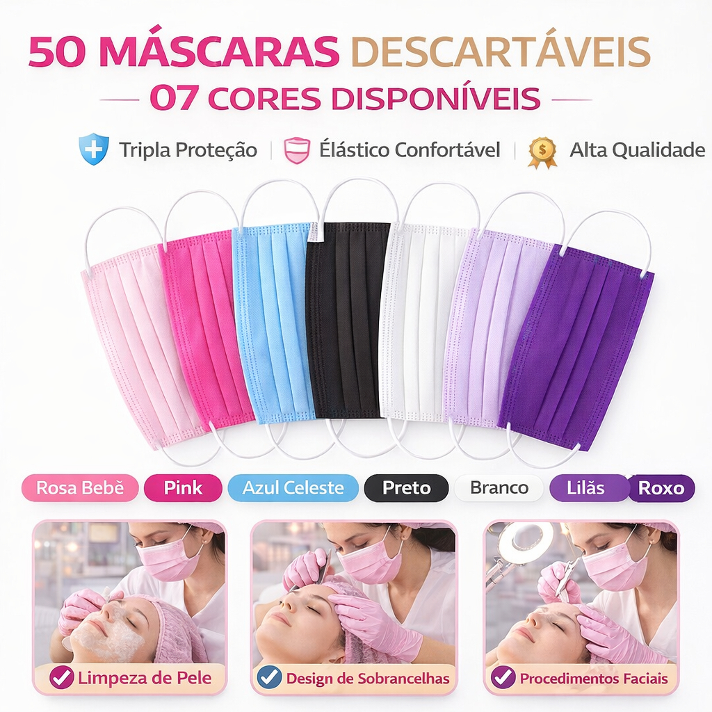 Pacote de Máscara Adulta Descartável Tripla TNT Ajustável 50 Unidades Colorido em Oferta na Shopee