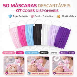 Pacote de Máscara Adulta Descartável Tripla TNT Ajustável 50 Unidades Colorido em Oferta na Shopee