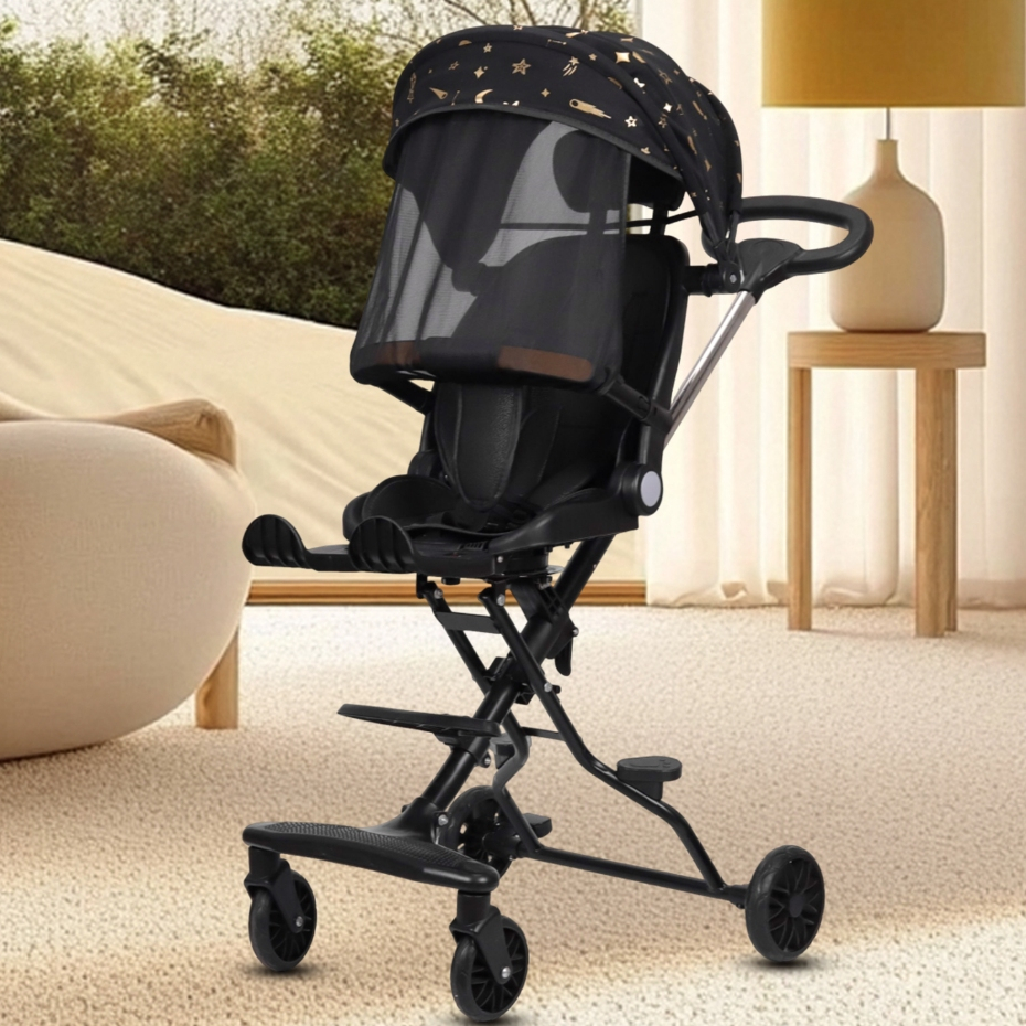 Carrinho de bebê leve, dobrável e compacto, com toldo e proteção solar, adequado para crianças de 1 a 6 anos.