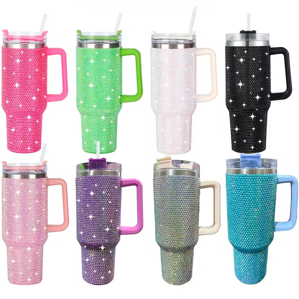 Copo Térmico 1200ml de Aço Inoxidável Strass Brilhante Com Tampa e Canudo