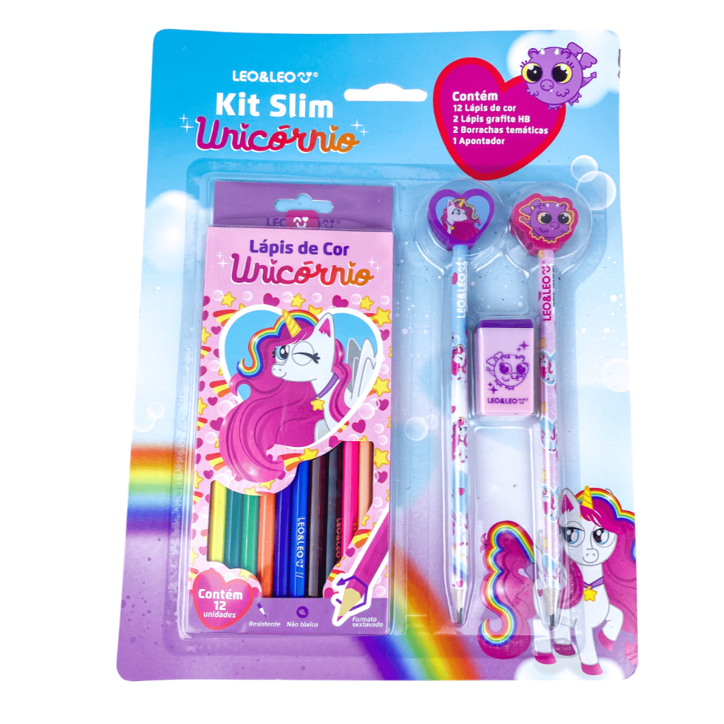 Kit Escolar Material Infantil Unicornio Lapis de Cor Tesoura  Borracha Leo e Leo Promoçao Presente
