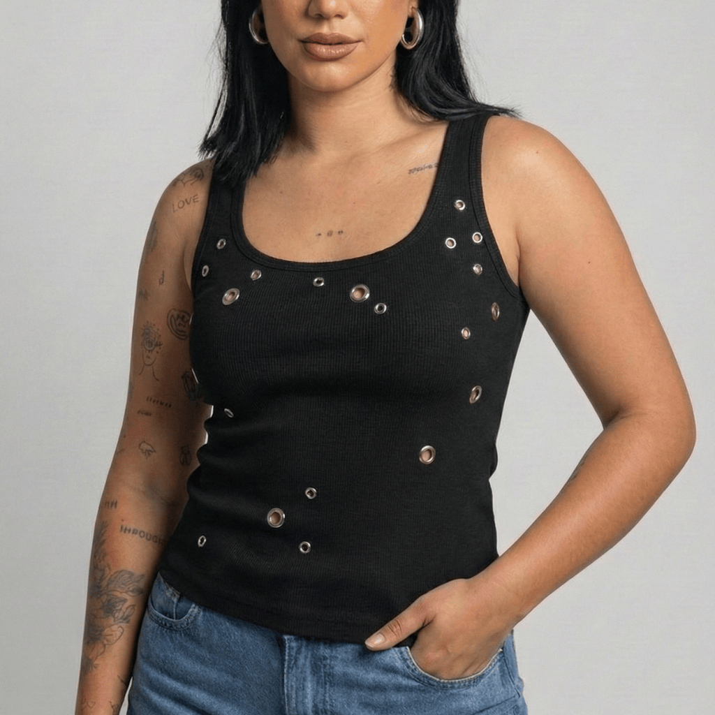 Regata Feminina Preta Ribana Premium com Ilhós Metálico – Tamanho Único P ao G – Moda Urbana em Oferta na Shopee