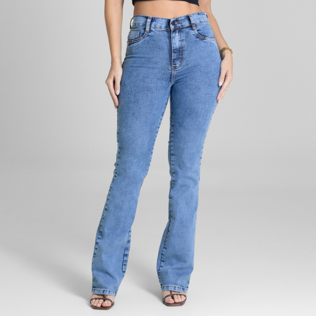 Calça Jeans Feminina Sawary Original Cintura Alta Lycra Elastano Flare Boca Sino Confortável Bonita