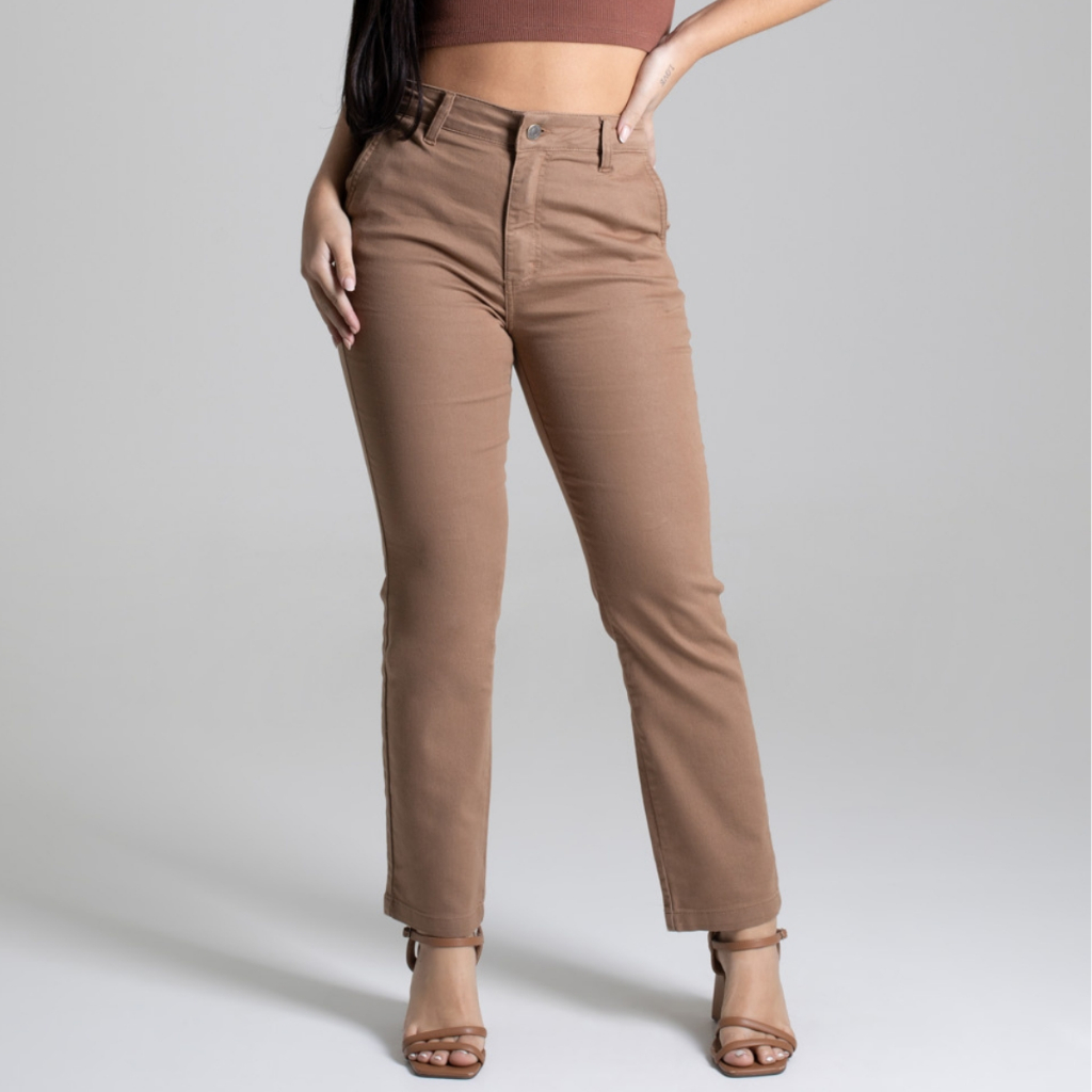 Calça Reta Sawary Feminina Original Cintura Alta Lycra Elastano Bolsos Premium Marrom Confortável