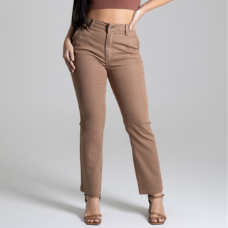 Calça Reta Sawary Feminina Original Cintura Alta Lycra Elastano Bolsos Premium Marrom Confortável