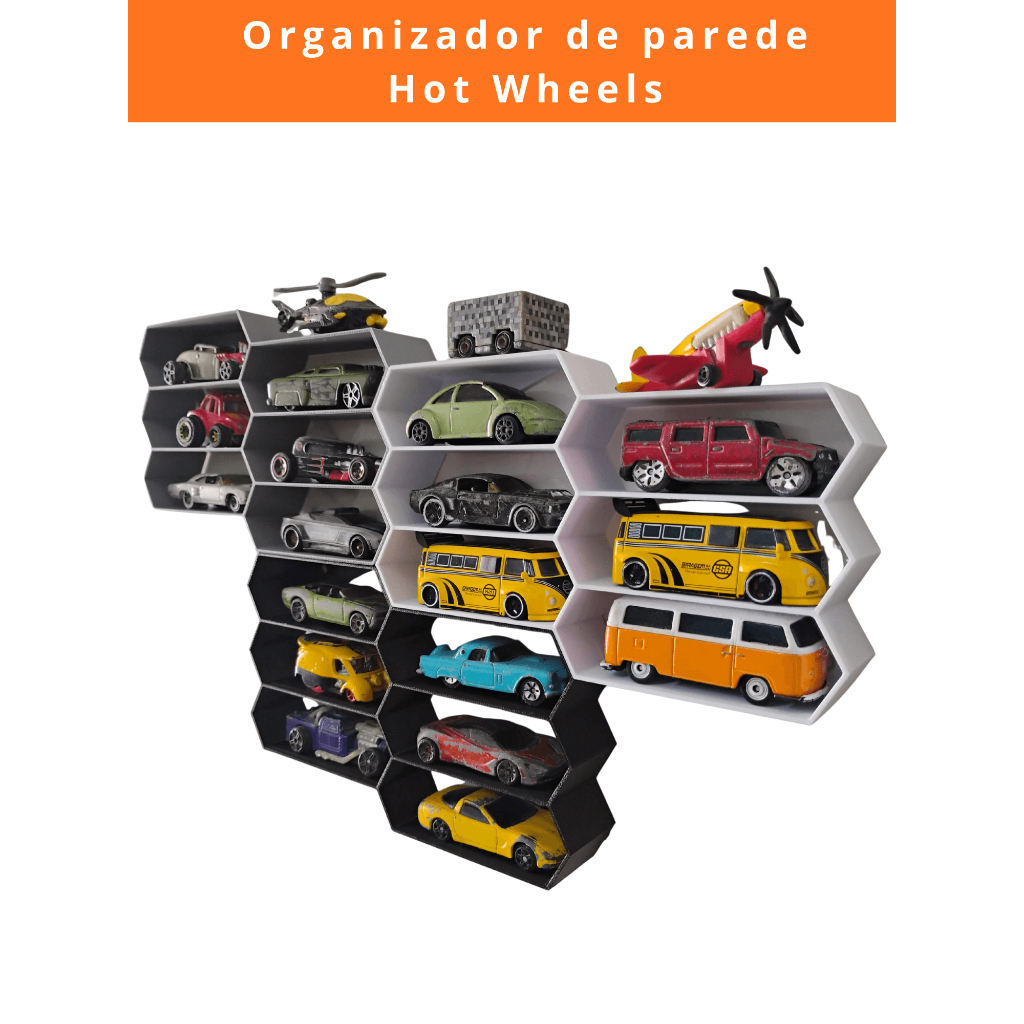 Expositor Porta Carrinhos Prateleira Com Divisórias Hot Wheels 06 carrinhos formato Colmeia Nicho