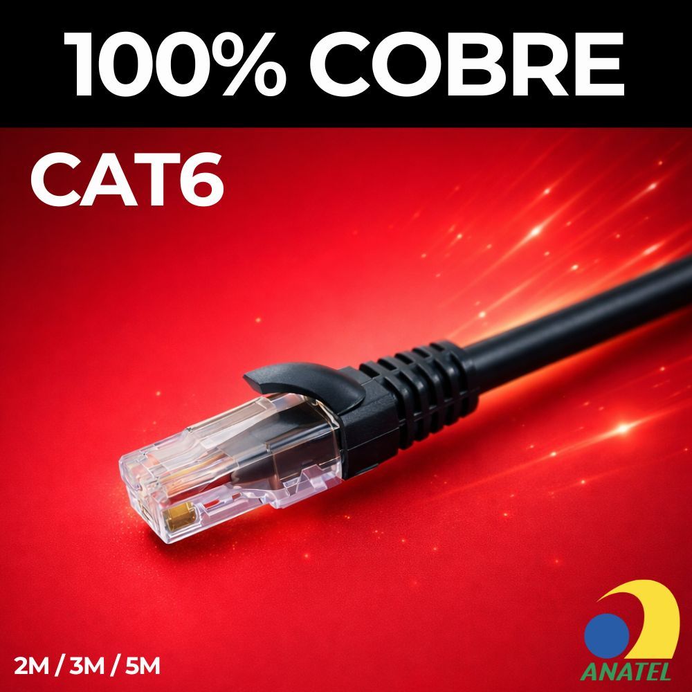 Cabo de Rede CAT6 100% Cobre Preto 2 Metros 3 Metros 5 Metros Anatel Norphel