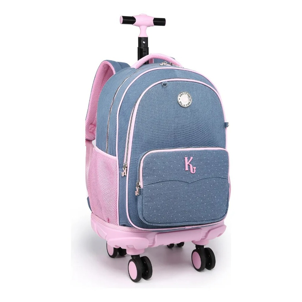Mochila Kika Rodinhas 360° C/ Corrente Jeans Liso Azul Escuro / Roxo Kika