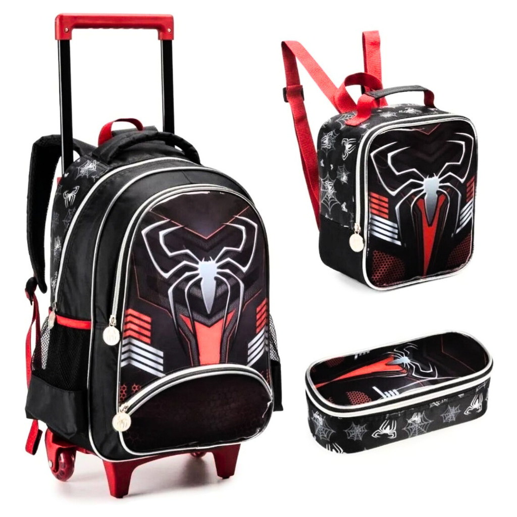Kit Escolar Mochila com Estojo e Lancheira Térmica Spider Aranha Hero Meninos Herói com Rodinha