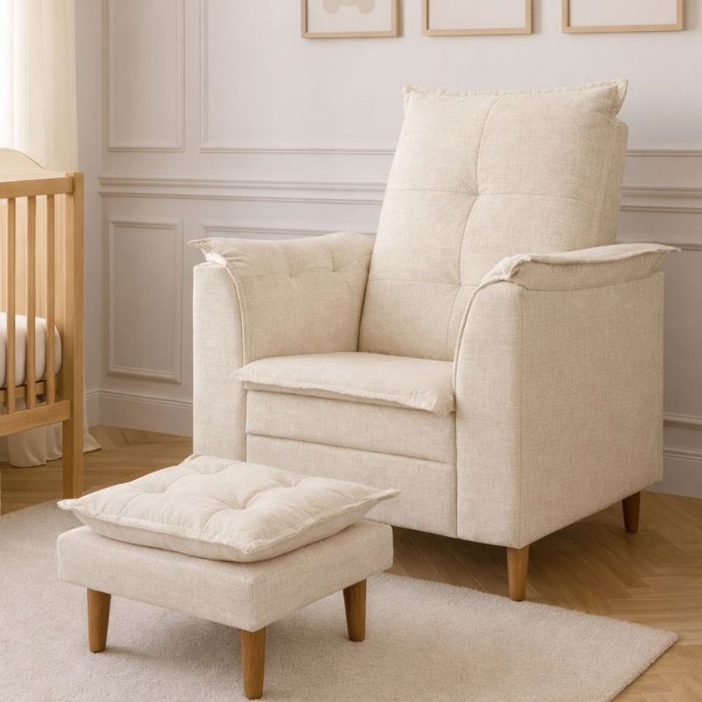 Poltrona Conforto Amamentação Linho Premium Bege com Mini Puff