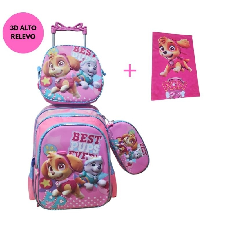 Mochila escolar Infantil patrulha canina 3D Alto Relevo com Rodinhas mais + Lancheira Estojo e Toalha