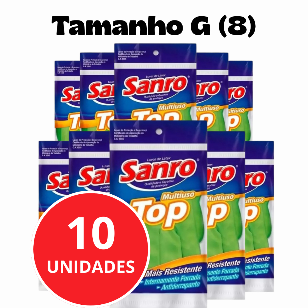 Kit 10 Luvas Latex Limpeza Multiuso Sanro Top Verde Tamanho G (8)