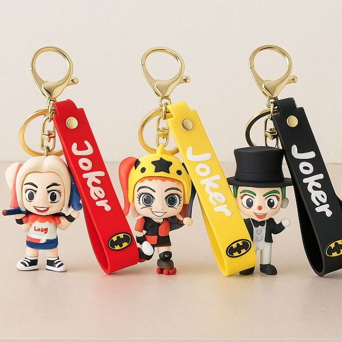 Chaveiro Geek Arlequina e Coringa Luxo Emborrachado Premium - Alça de Pulso e Argola Dourada - Porta Chaves Personagens