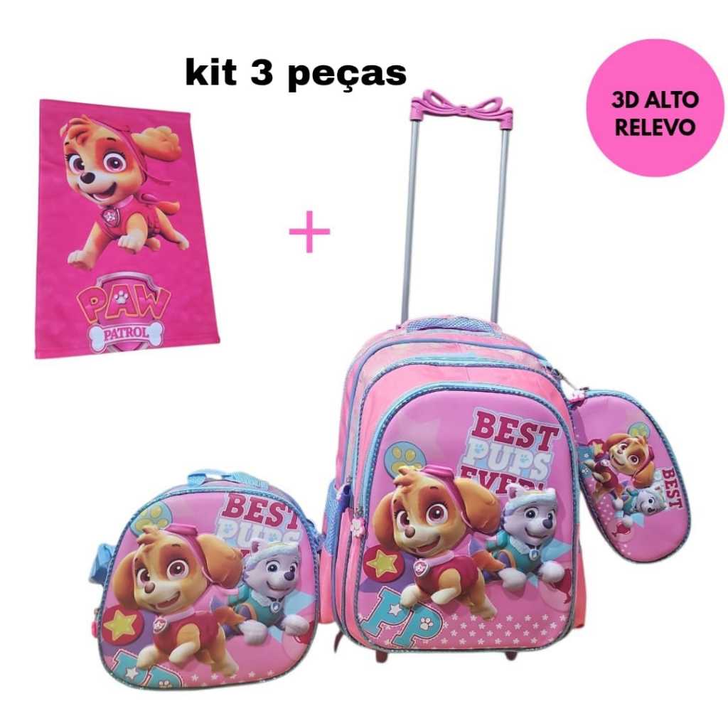 Mochila Escolar Patrulha Canina Menina 3D com Rodinhas Alto Relevo + Kit Completo Lancheira Estojo Toalha