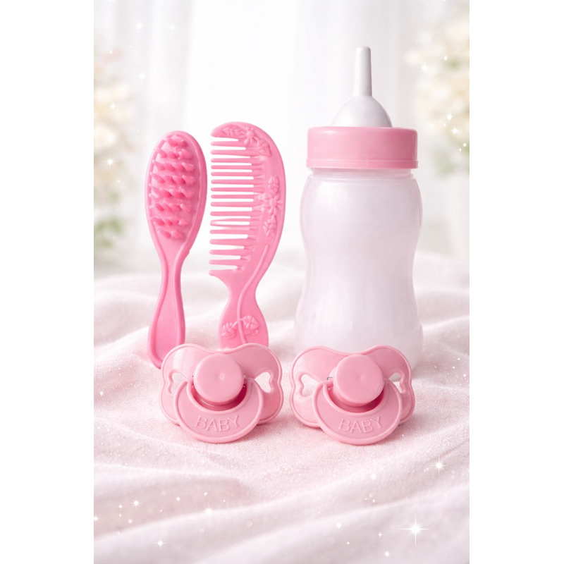 Kit Acessórios Boneca Reborn Rosa Coração Mamadeira 13cm /Pente /Escova 2 Chupetas Infantil