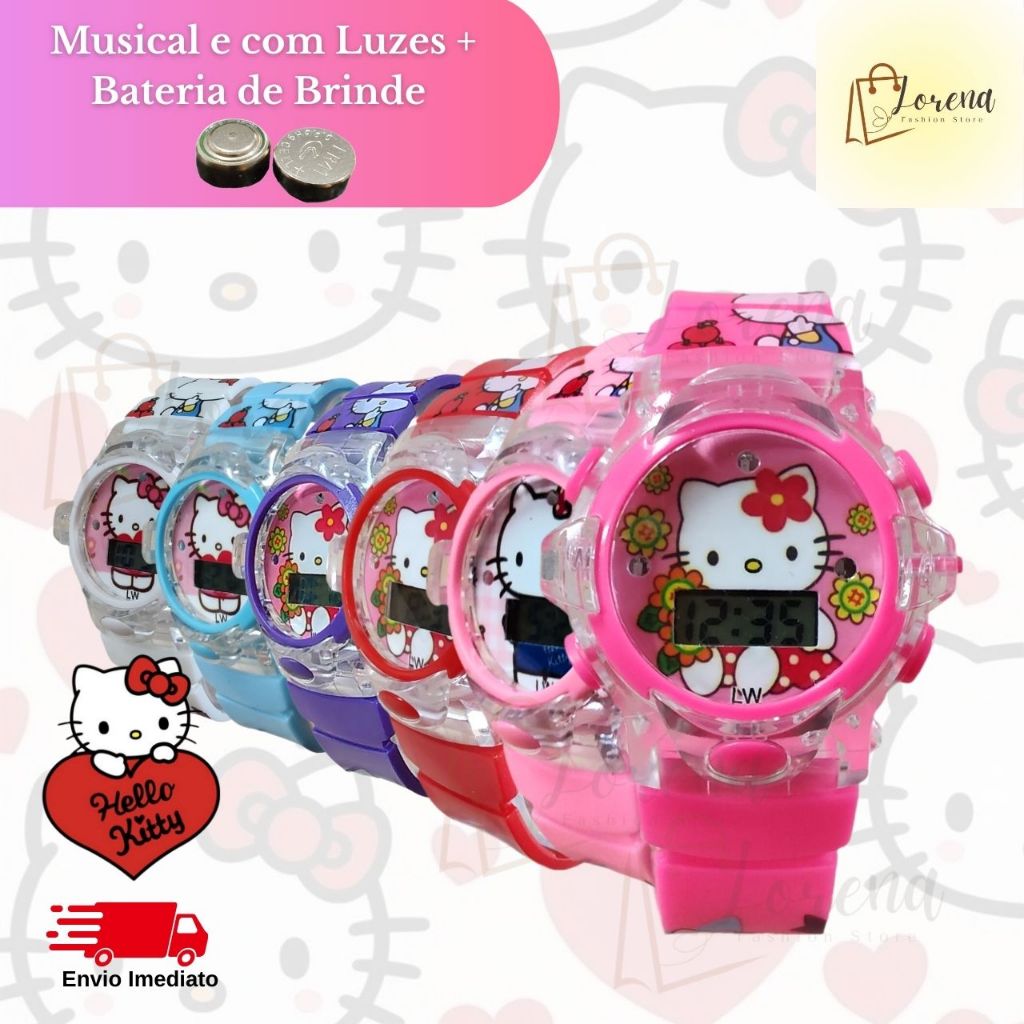 Relógio Infantil Hello Kitty Musical com Luz LED + Baterias Inclusas Menina Criança