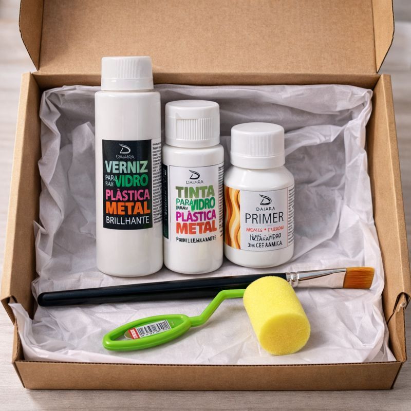 KIT ARTESANATO - VERNIZ TALENTO DAIARA + PRIMER  + TINTA PRA VIDRO  BRANCA + ROLINHO + PINCEL PARA VIDRO OU DECOUPAGE em Oferta na Shopee