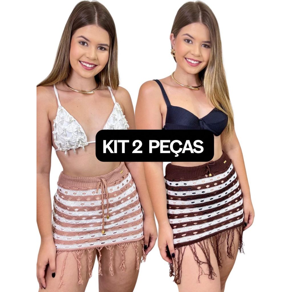 KIT 2 Saia Saída de Praia Curta Listrada com Franjas YARA Ajustável Tricot Verão Roupa Feminina