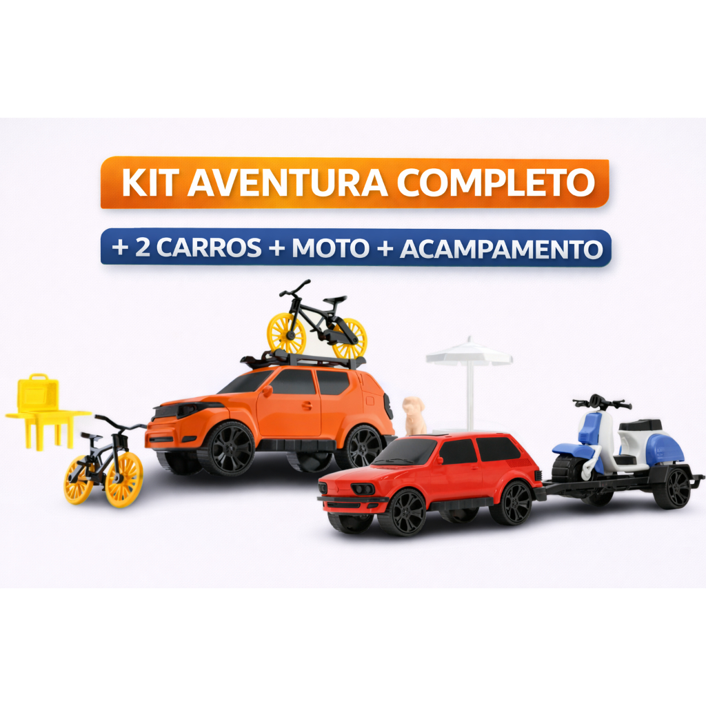 Kit Brinquedo Aventura Infantil com 2 Carros, Moto e Kit Acampamento – Orange Toys