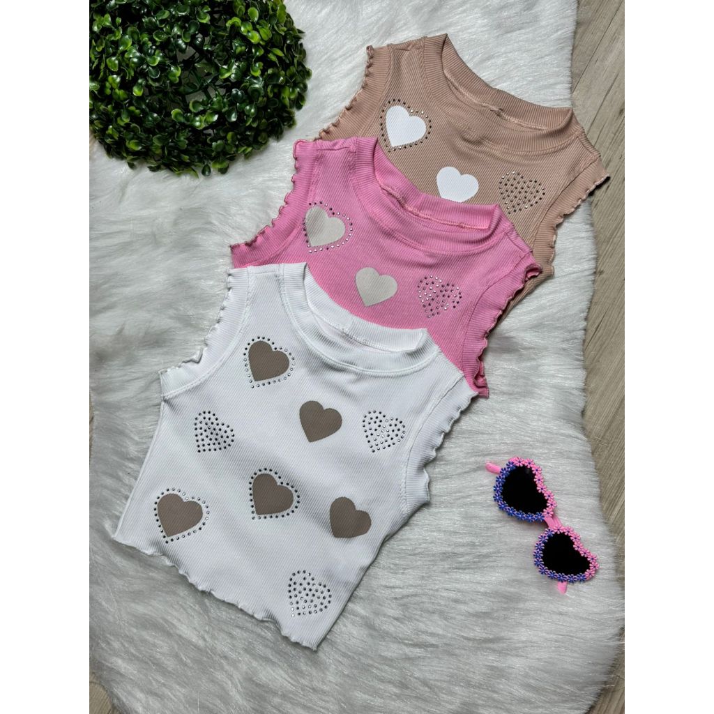 Blusinha Coração com Strass Regatinha Blogueirinha 02 ao 10 anos